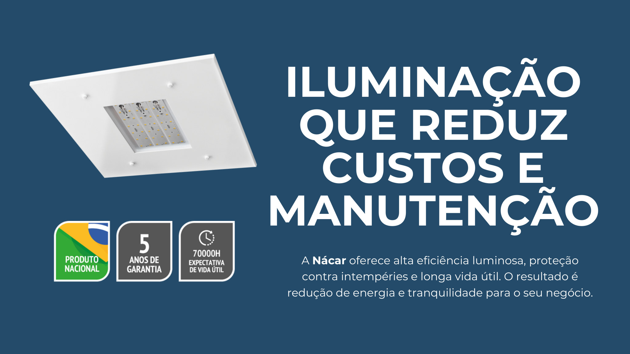 Luminária Nácar G3 e selos de produto nacional, garantia e vida útil